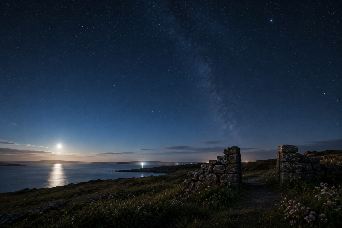 Clear night sky above open land, stars visible and still