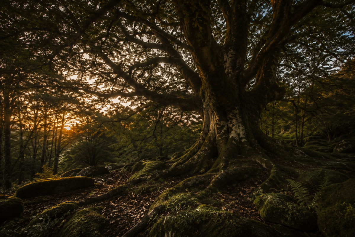 Ancient woodland at dusk, roots and canopy of a single tree